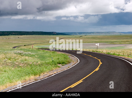 Eine isolierte Landstraße schlängelt sich durch die Hochebenen von New Mexico Stockfoto