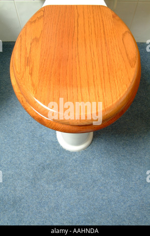 Toilette mit Wasserspülung Holz Holzsitz geschlossen Deckel Stockfoto