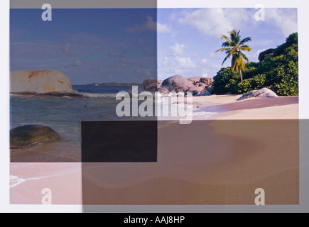 zwei polarisierte Filter im 90-Grad-Winkel zueinander auf ein Bild von einem Strand-Szene Stockfoto