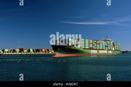 China Shipping Container-Schiff ankommen durch den Hauptkanal im Hafen von San Pedro, Los Angeles, Kalifornien Stockfoto
