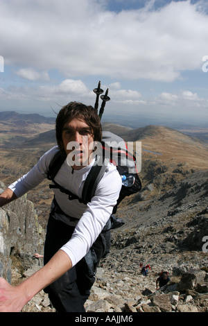 Glyder Fach Y Foel Goch raufkraxeln im Hintergrund rechts. Stockfoto