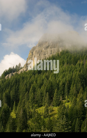 PILOT ROCK, alte vulkanische Stecker, 5908 Fuß hoch in Morgen Nebel, Cascade-Siskiyou National Monument, OREGON USA Stockfoto