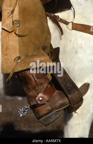 1980ER JAHREN WESTLICHE COWBOYSTIEFEL SPORN STEIGBÜGEL CHAPS WEIßES PFERD Stockfoto