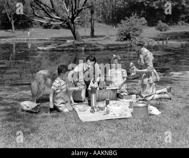 1950ER JAHRE FAMILIE MIT COLLIE HUND PICKNICKS IM PARK MIT TEICH Stockfoto