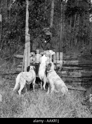 1920ER JAHRE ÄLTEREN MANN SITZEN MIT SCHROTFLINTE GEGEN ZAUN EINER DER DREI ENGLISCH SETTER-JAGD-HUNDE STREICHELN Stockfoto