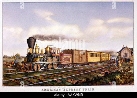 CURRIER UND IVES LITHOGRAPHIE FRÜHEN AMERIKANISCHEN EXPRESS EISENBAHN ZUG DAMPFMASCHINE GEPÄCK PKW Stockfoto