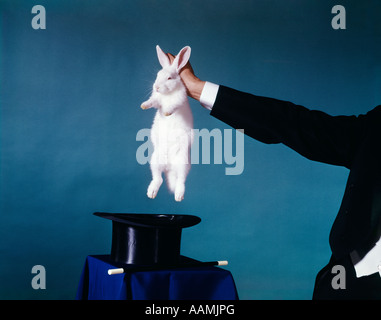 HAND DES ZAUBERERS ZIEHEN WEIßE KANINCHEN AUS SCHWARZEN ZYLINDERHUT TRICK ZAUBERTRICKS RETRO VINTAGE UNTERHALTUNG ZAUBERER Stockfoto