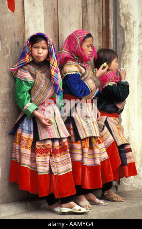 Blume Hmong ethnischen Minderheit Mädchen warten in Tür, Bac Ha, Tonkinese Alpen, Nordvietnam Stockfoto