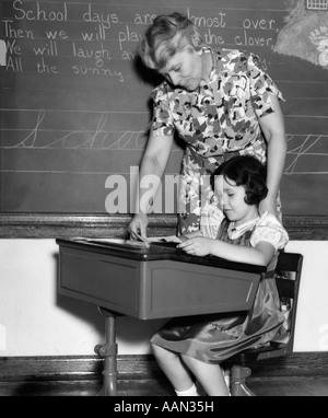 1930ER JAHREN LEHRERIN VOR BLACKBOARD HILFT STUDENTIN AM SCHREIBTISCH LESEBUCH Stockfoto