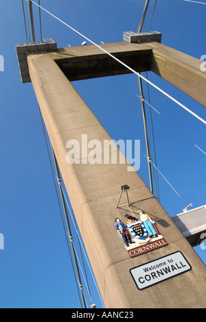 Willkommen in Cornwall Zeichen, Tamar Road Bridge, Saltash, West Country, Devon, Cornwall, England, Großbritannien, Europa Stockfoto