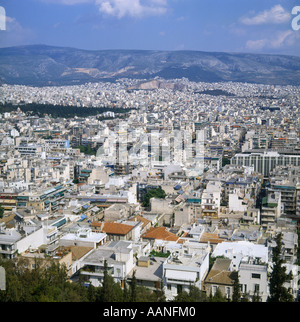 Luftbild von der Akropolis, Blick über die Stadt, die Berge im Hintergrund Athen Griechenland Stockfoto