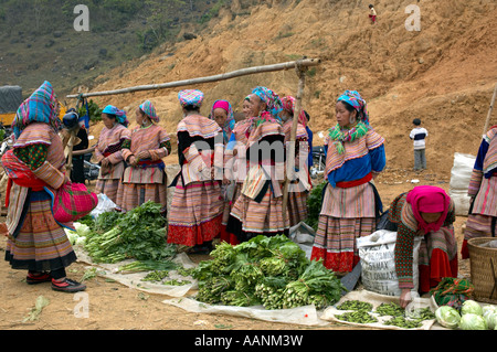 Frauen des Stammes Flower Hmong Hügel, auf dem können Cau Wochenmarkt. Nord-Vietnam. Stockfoto
