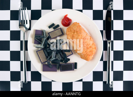 Abstrakte Fisch und Computer-Chips auf einem Teller Stockfoto