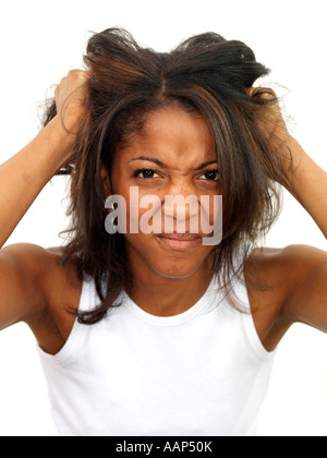Junge Frau, die Bad Hair Day Modell veröffentlicht Stockfoto