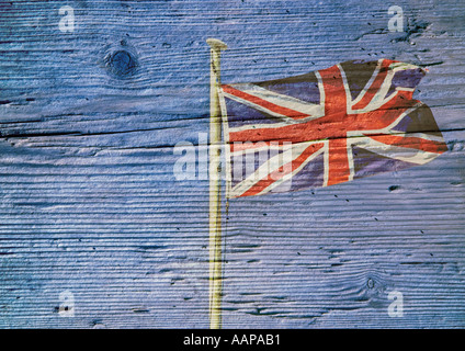 Union Jack-Flagge am Mast engrained in Holz Stockfoto