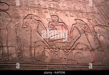 Kunstvoll verzierte Wand eingeschrieben mit Figuren und Hieroglyphen Karnak in der Nähe von Luxor Ägypten Stockfoto