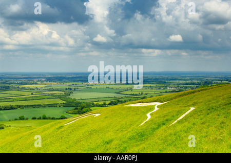 Blick über das Tal des Weißen Pferdes und des Uffington White Horse von Whitehorse Hill in Oxfordshire, England. Stockfoto