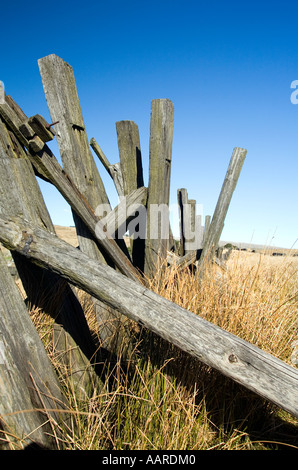 Verwitterte Hölzer des alten Zaunpfosten, marode gewissermaßen herunterfallen Stockfoto