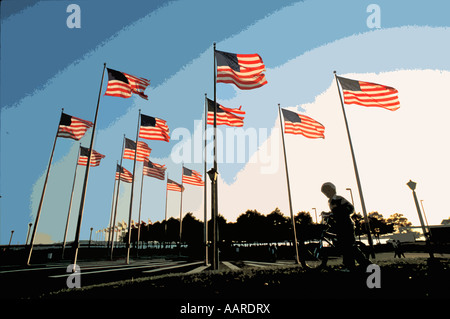 Amerikanische Flaggen über Liberty State Park in New Jersey Stockfoto