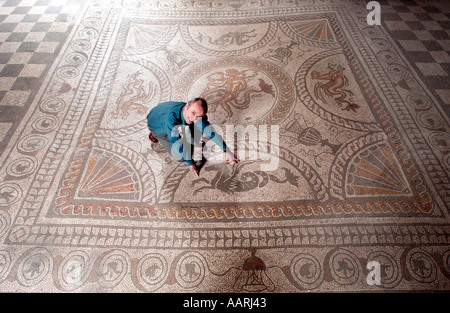 Prächtige Mosaikboden im erhaltenen Villa Romana an Fishbourne Sussex UK Stockfoto