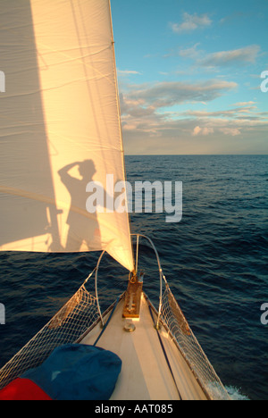 Ein Matrose auf einem Trans Atlantic Durchgang freut sich und wirft seine Schatten auf das Segel Stockfoto