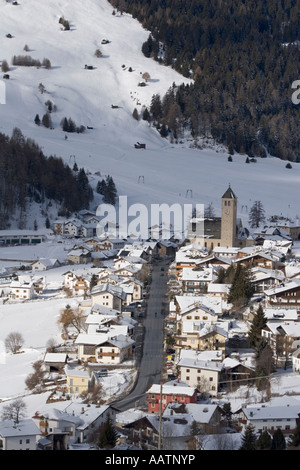 Italienischen Grenze Stadt von Reschen, im Winter, Südtirol, Italien Stockfoto