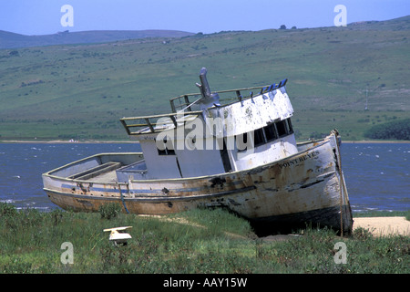 altes Fischerboot zerstört am Ufer am Point Reyes National Seashore entlang der Pazifik-Küste in Kalifornien Stockfoto