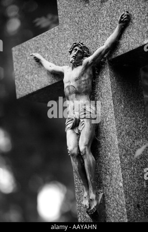 Jesus Christus am Kreuz gekreuzigt trägt eine Krone aus Dornen Stockfoto