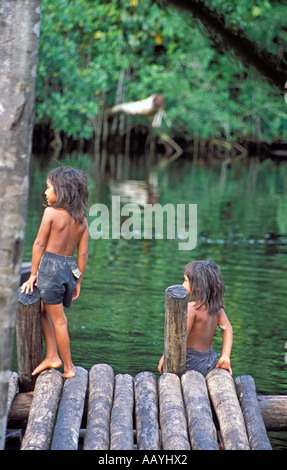 Indigene Kinder spielen am Fluss Orinoco, Amazonas, Venezuela. Stockfoto