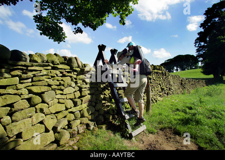 Eine Frau mit einem Kind in einem Rucksack-Träger klettert einen Stil während des Gehens der Yorkshire Dales Weg, England, UK Stockfoto