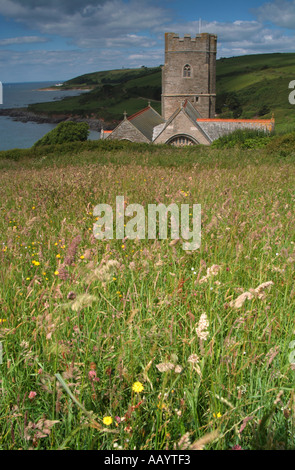 Sommerwiese und Kirche mit Blick auf Wembury Bay Devon UK Stockfoto