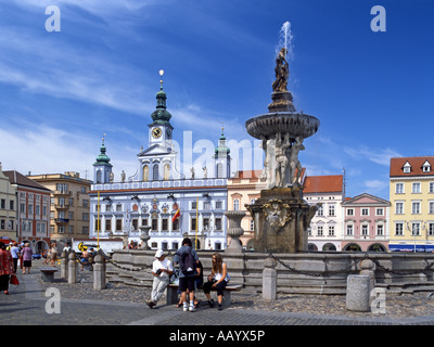 Ceske Budejovice, Südböhmen, Tschechien. Namesti Premzsia Otakara II (Quadrat) Samson Brunnen Stockfoto