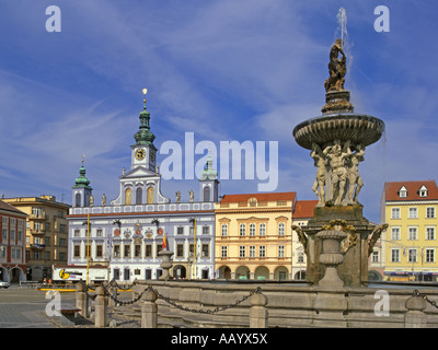 Ceske Budejovice, Südböhmen, Tschechien. Namesti Premzsia Otakara II (Quadrat) Samson Brunnen Stockfoto