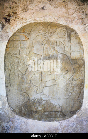 Stein Relief, Krönung des Königs Pakal, archäologische Stätte Palenque, Palenque, Bundesstaat Chiapas, Mexico Stockfoto