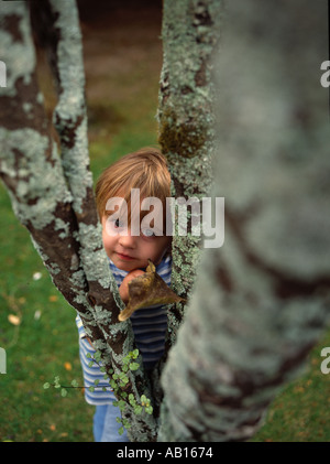 kleiner Junge spähte durch die Zweige der eine Flechte bedeckt Baum Stockfoto