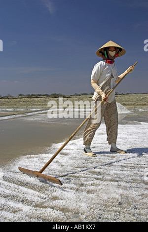 Frau in konische Hut Rechen Salz locker aus Salz Teich Phan Thiet-Vietnam Stockfoto