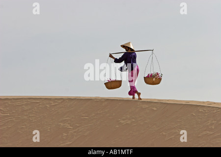 Frau mit konischen Hut trägt Blüten in Koffer Körbe auf Kamm der Düne in der Nähe von Mui Ne Vietnam Stockfoto