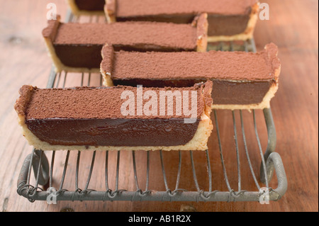 Rechteckige Schokolade Torte mit Kakaopulver in Stücken FoodCollection Stockfoto