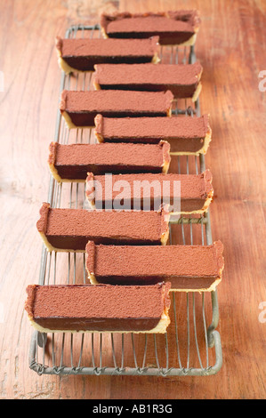 Rechteckige Schokolade Torte mit Kakaopulver in Stücken FoodCollection Stockfoto