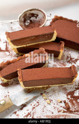 Rechteckige Schokolade Torte mit Kakaopulver in Scheiben teilweise FoodCollection Stockfoto