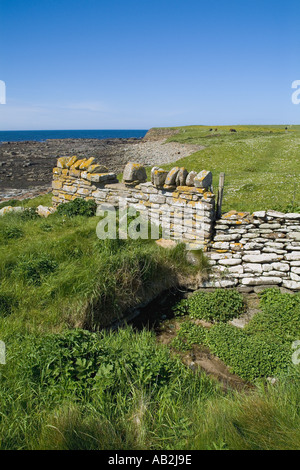 dh Bay Skaill SANDWICK ORKNEY Stein Wand Stil und Fußweg über felsigen Strand Stockfoto