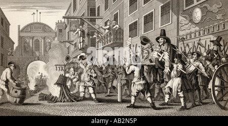 Hudibras. Das Brennen der Becken in Temple Bar. Gestochen von J Romney nach Hogarth. Stockfoto