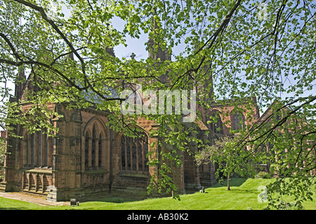 Die prächtige Kathedrale von Chester betrachtet durch die Bäume. Stockfoto