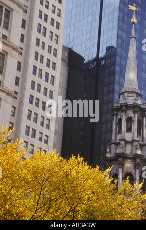 NYC Wolkenkratzer Schatten Reflexion traditionelle modernen Stilen Gott Mammon Kirche Bürogebäuden fallen Saison gelbes Blatt Stockfoto