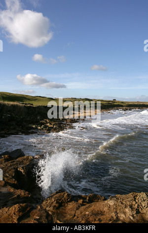 Wellen gegen Felsen entlang der Küste Fife in der Nähe von Kingsbarns. Stockfoto
