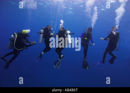 Fünf Taucher unter Wasser hintereinander tun Sicherheit Stop blau Freiwasser Stockfoto