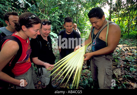 Ein Leitfaden zeigt und lehrt eine Gruppe von Touristen über die Flora und Fauna im Amazonas-Regenwald. Stockfoto