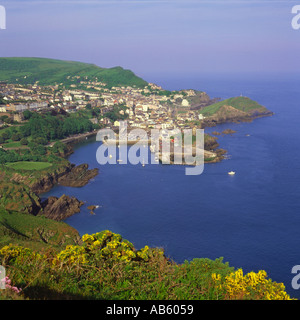 Blick nach Westen über Ilfracombe Stadthafen und konturierte Küste und Klippen von Hillsborough Park Devon England Stockfoto