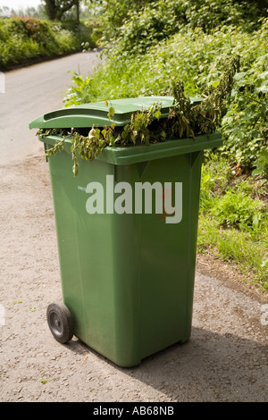 Grüne verweigern Entsorgung Regelung für das recycling von Gartenabfällen mit einem Plastikeimer überfüllt mit Pflanzen Wales UK Stockfoto