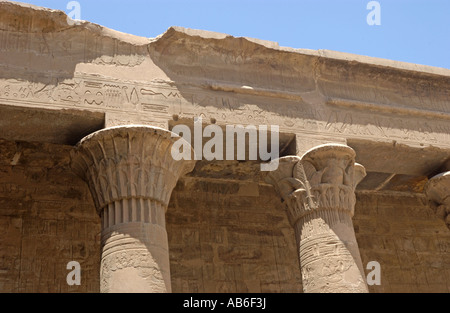 Kunstvolle Details auf Spalten in Edfu Tempel, Ägypten. Der Tempel ist Horus gewidmet und stammt aus der Ptolemäerzeit. Stockfoto